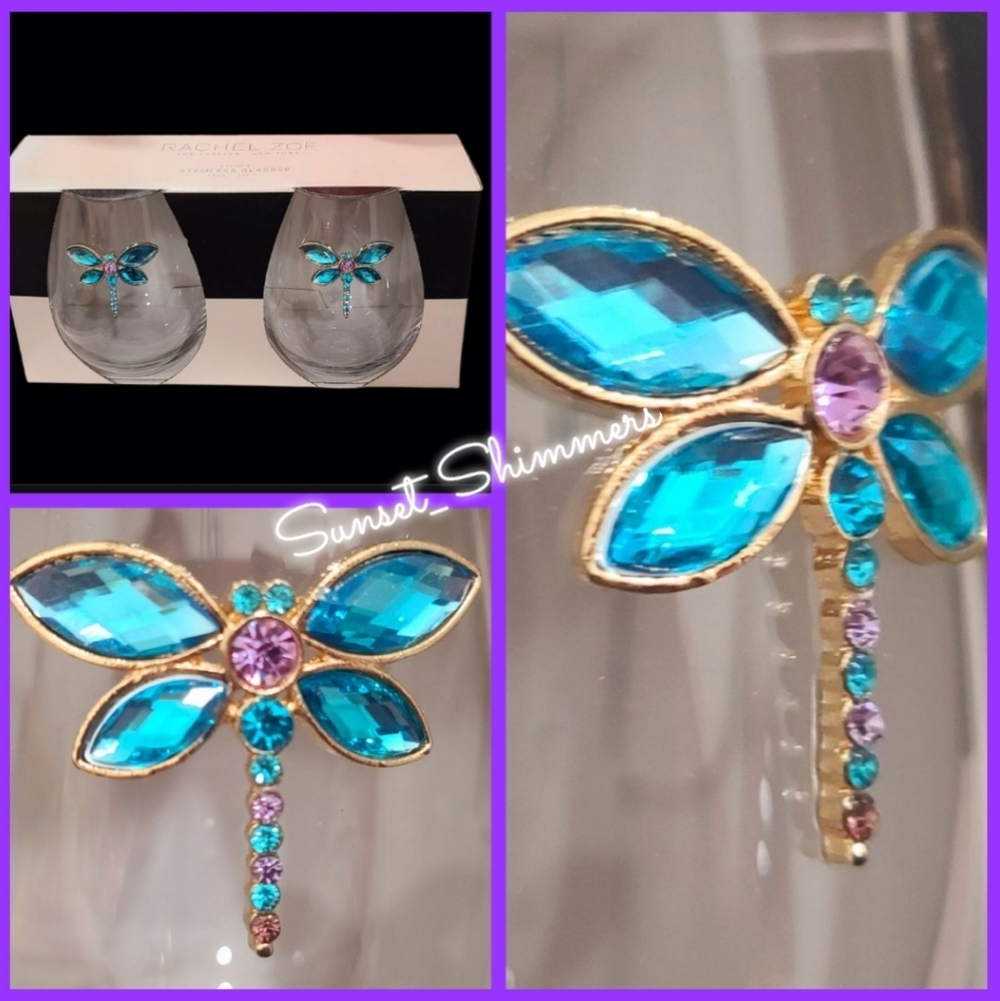 Rachel Zoe Aqua Purple Jeweled Rhinestone Lucky Dragonfly Stemless Wine Glasses